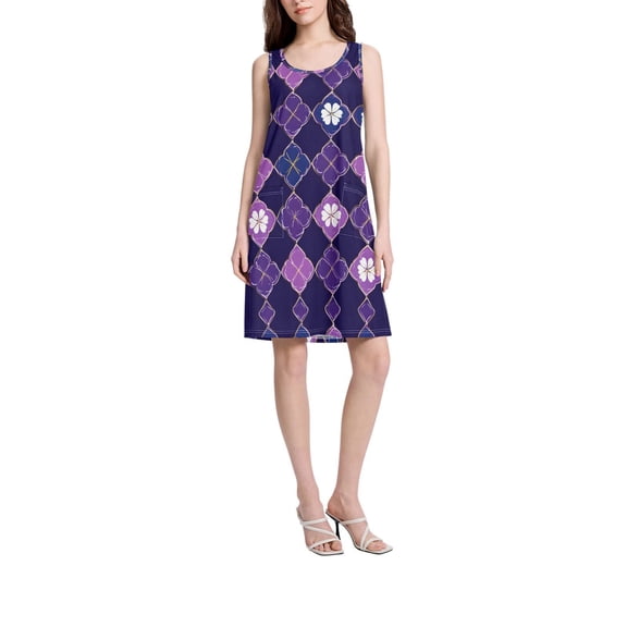 DIXRUYEE Womens Dresses Loose Neck Sleeveless Oversize Purple Four Leaf Clover Pattern