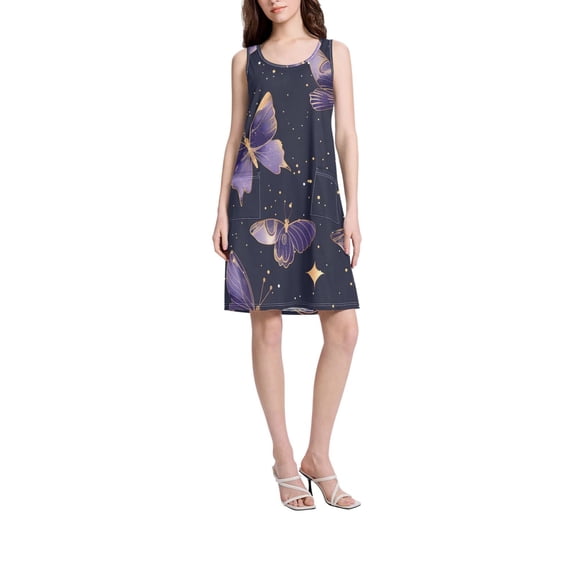 DIXRUYEE Womens Dresses Loose Neck Sleeveless Oversize Purple Gold Butterfly Pattern Pattern