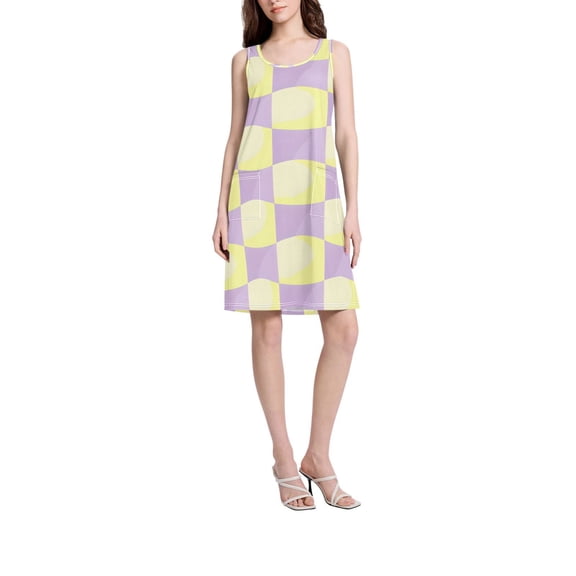 DIXRUYEE Womens Dresses Loose Neck Sleeveless Oversize Purple and Yellow Checkerboard Pattern Pattern