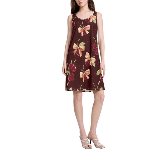 DIXRUYEE Womens Dresses Loose Neck Sleeveless Oversize Red Cherry Bow Pattern Pattern