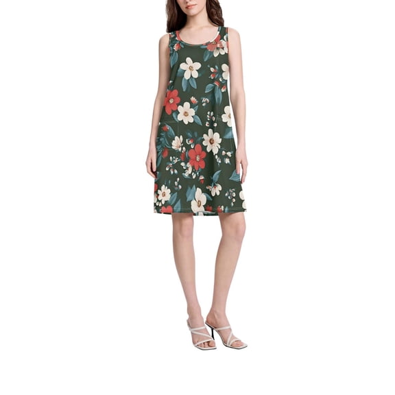 DIXRUYEE Womens Dresses Loose Neck Sleeveless Oversize Red Flower Pattern Pattern