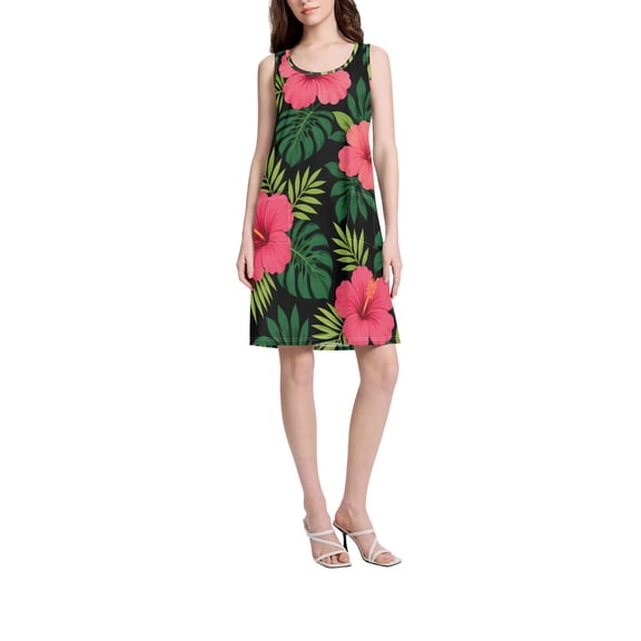 DIXRUYEE Womens Dresses Loose Neck Sleeveless Oversize Red Flower Pattern