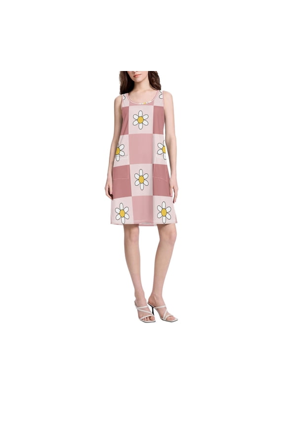 DIXRUYEE Womens Dresses Loose Neck Sleeveless Oversize Retro Blush Checkered Daisy Pattern