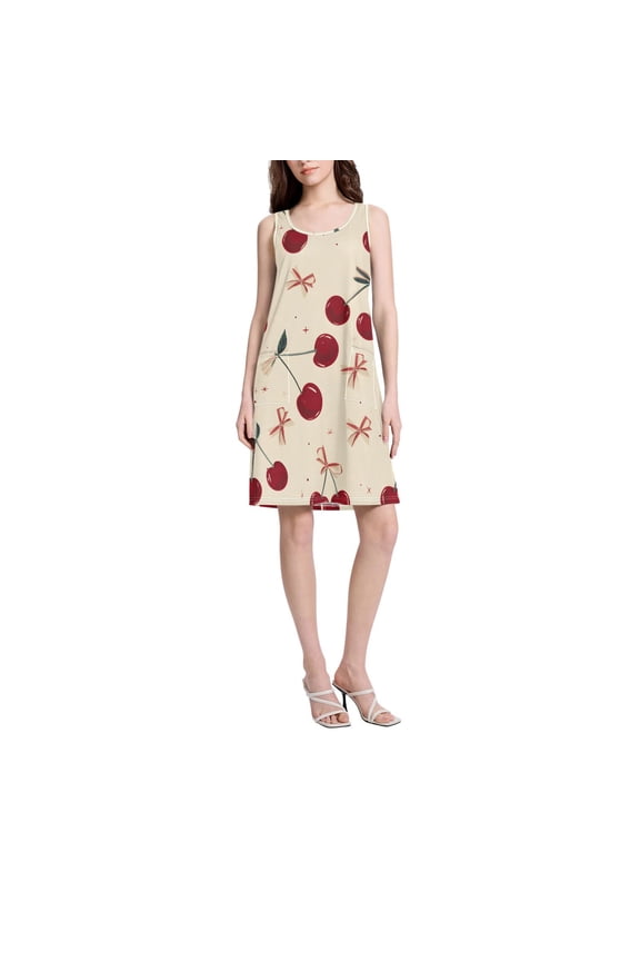 DIXRUYEE Womens Dresses Loose Neck Sleeveless Oversize Retro Bow Cherry Pattern