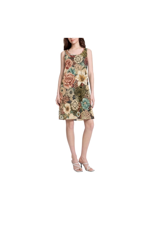 DIXRUYEE Womens Dresses Loose Neck Sleeveless Oversize Retro Floral Pattern Pattern
