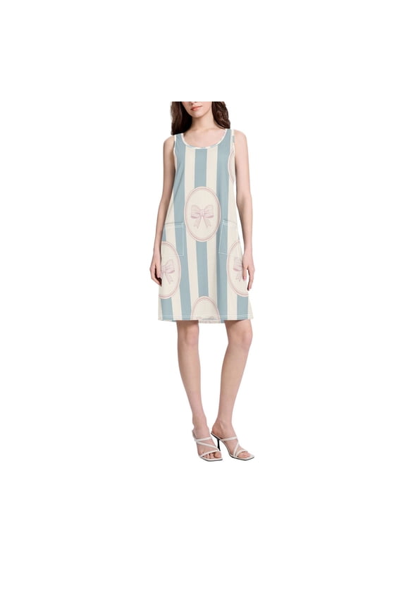DIXRUYEE Womens Dresses Loose Neck Sleeveless Oversize Retro Style with Blue and White Stripes and A Bow Pattern Pattern