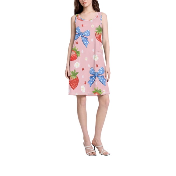 DIXRUYEE Womens Dresses Loose Neck Sleeveless Oversize Strawberry Blue Bow Pattern Pattern
