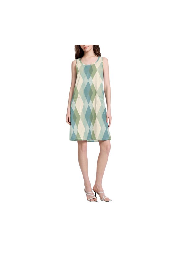 DIXRUYEE Womens Dresses Loose Neck Sleeveless Oversize Tricolor Diamond Plaid Pattern