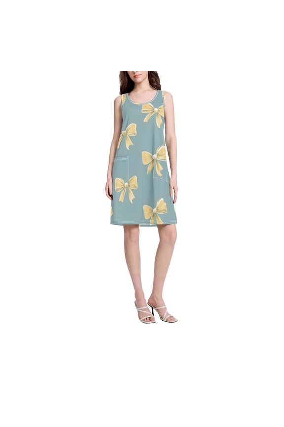DIXRUYEE Womens Dresses Loose Neck Sleeveless Oversize Yellow-green Butterfly Thread Pattern Pattern
