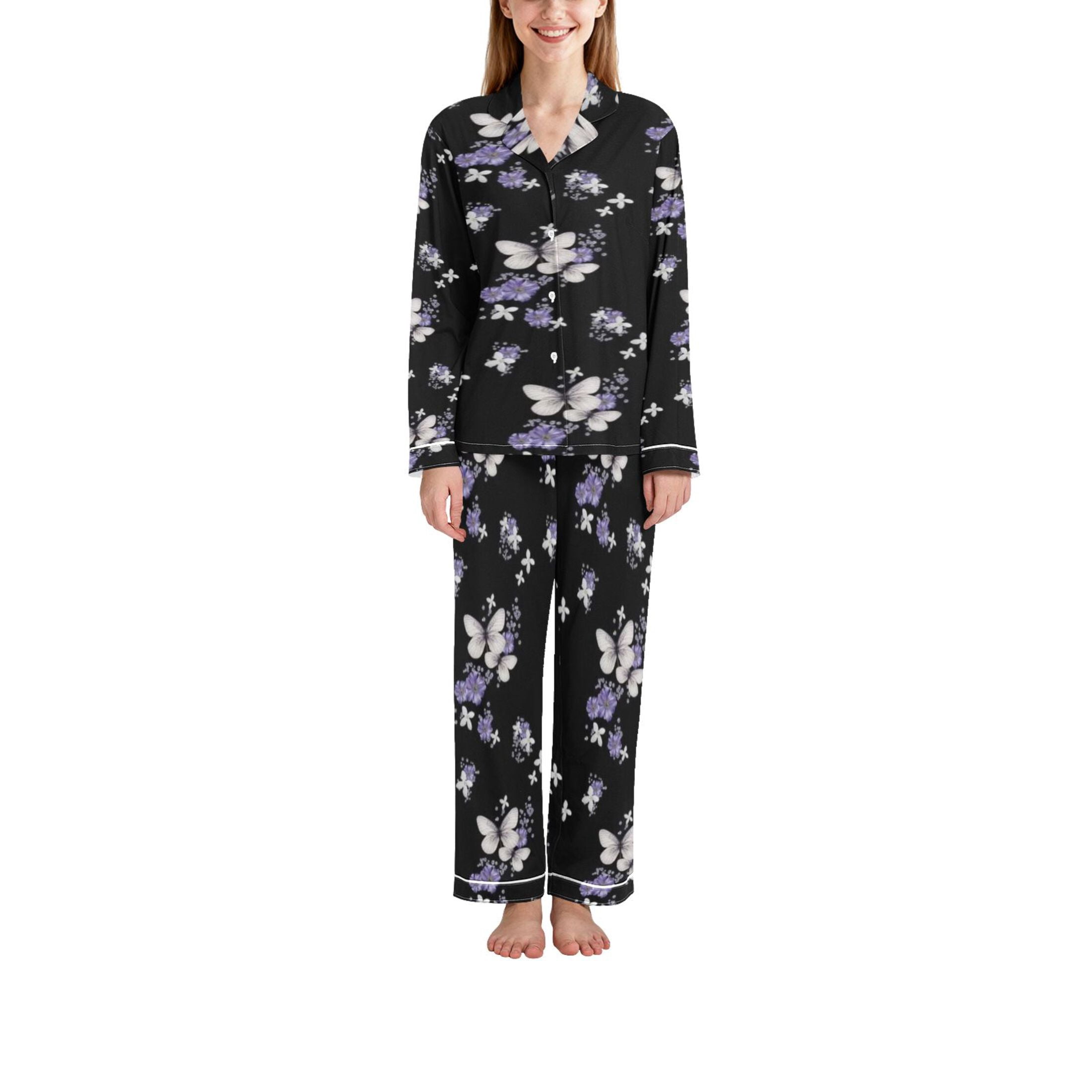 DIXRUYEE Womens Pajams Set Minimalist Style-Dark Floral Wings Pattern ...