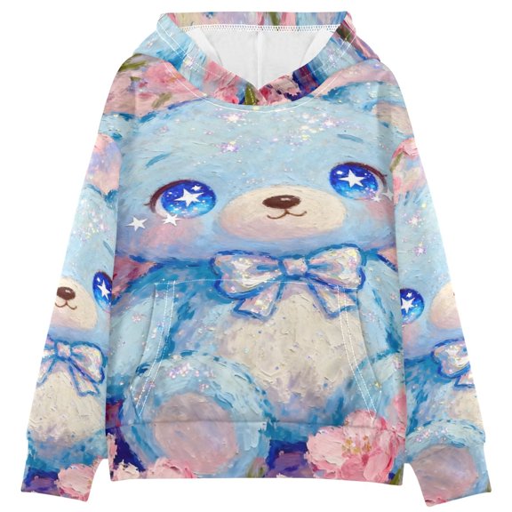 DIXRUYEE Youth Hoodie Pullover Sweatshirt Blue Floral Bear Printed