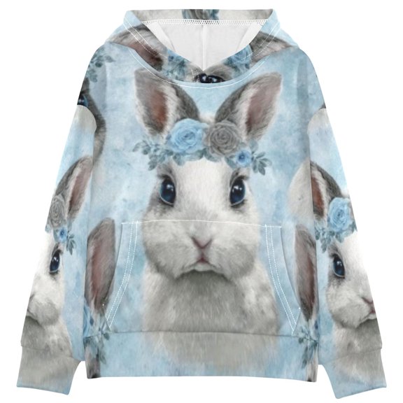 DIXRUYEE Youth Hoodie Pullover Sweatshirt Blue Floral Crown Bunny Printed