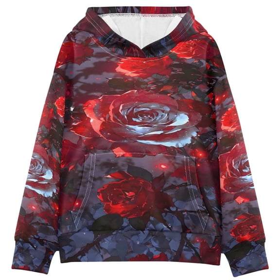 DIXRUYEE Youth Hoodie Pullover Sweatshirt Crimson Dark Roses Printed
