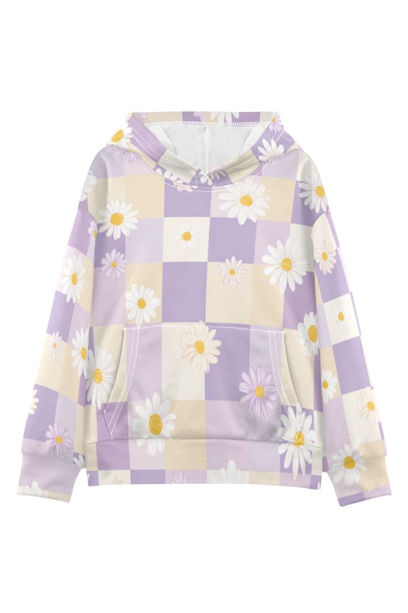 DIXRUYEE Youth Hoodie Pullover Sweatshirt Daisies on Pastel Checker Printed