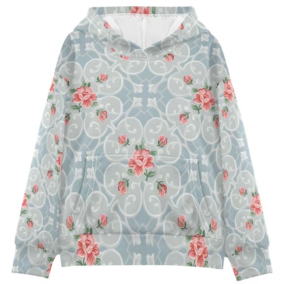DIXRUYEE Youth Hoodie Pullover Sweatshirt Floral Lattice Printed