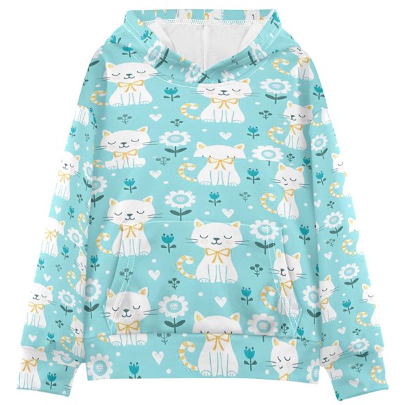 DIXRUYEE Youth Hoodie Pullover Sweatshirt Flower White Cat Printed