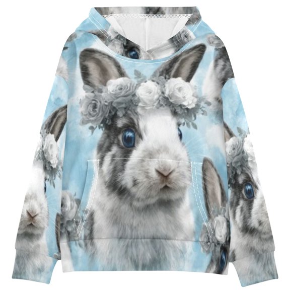 DIXRUYEE Youth Hoodie Pullover Sweatshirt Gray Floral Crown Bunny Printed