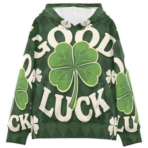 DIXRUYEE Youth Hoodie Pullover Sweatshirt Green Plaid Four-leaf Clover Printed