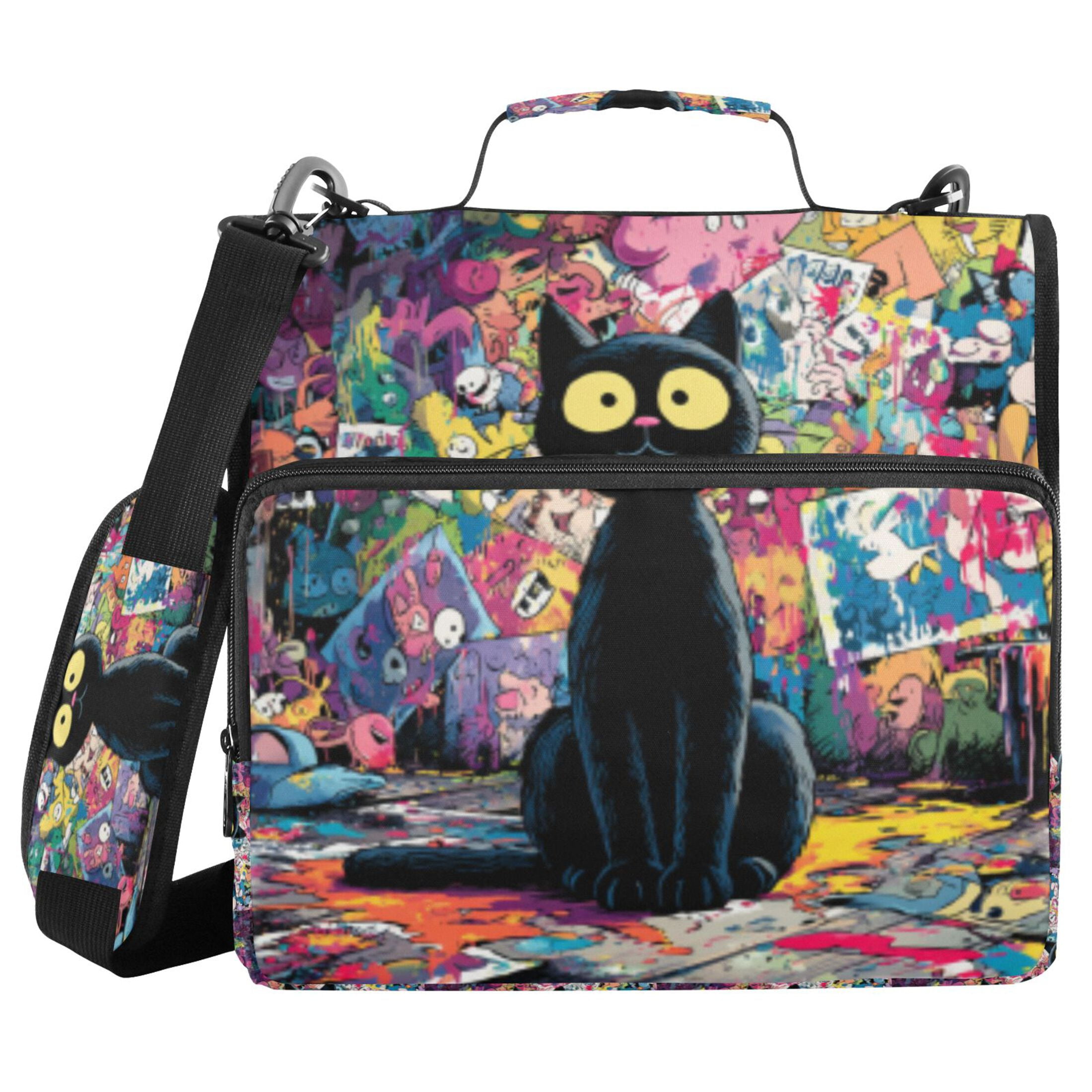 DIXRUYEE Zipper Binder trapper keeper Documents Organized Noir Cat Neon City Printed