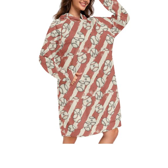 DIXRUYEE baseball red strips Print Womens Long Oversized Hoodie Dress Casual Pullover Hooded Sweatshirt Dress with Kangaroo Pocket Loose Streetwear Loungewear
