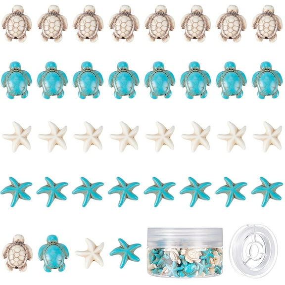 DIY 1 Box 100Pcs Sea Turtle Beads Turquoise Starfish Bead Synthetic Sea Star White Blue Tortoise Turtle Charms Small Ocean Animal Summer Spacer Beads for Bracelets DIY Jewelry Making Supplies DIY