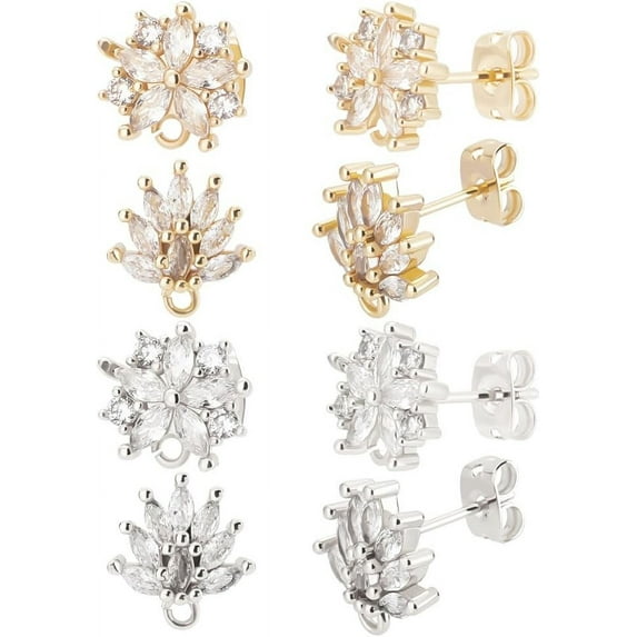 DIY 1 Box 4 Pairs Earring Post Brass Cubic Zirconia and Platinum Plated 2 Style Post Stud Flower Earring Findings with 0.7mm Loop for Women Jewelry Making DIY Crafts Mixed Color DIY