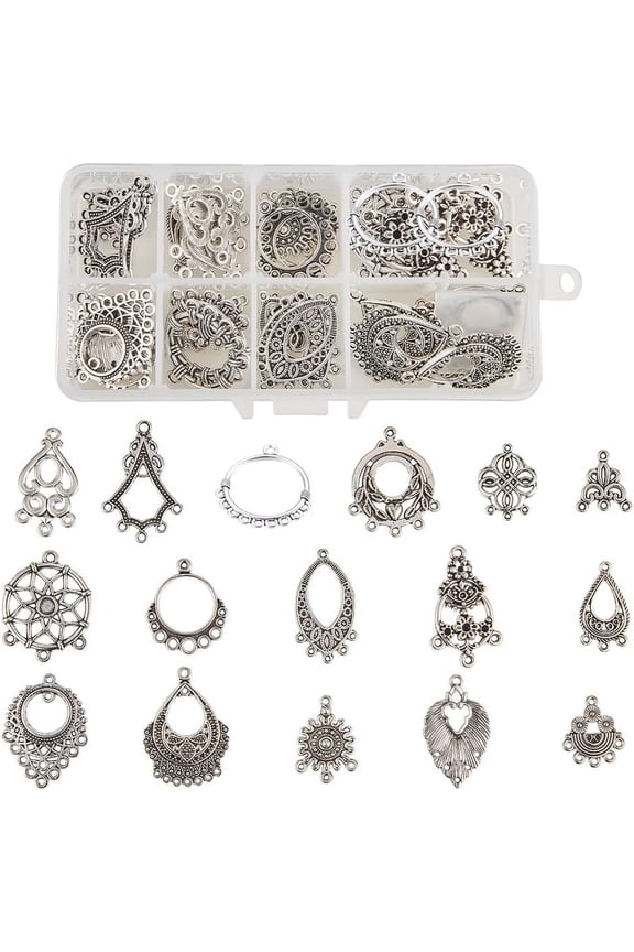DIY 1 Box 64Pcs 16 Style Tibetan Earring Chandelier Charms Connector Linking Charm Findings Jewelry Making for Earring Drop and Charm Antique Silver Components DIY