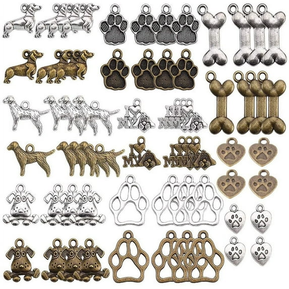 DIY 1 Box 64Pcs Dog Charms Animal Pet Dog Paw Prints Bone Puppy Charm Pendants for Jewelry Making Charms Earrings Bracelets Necklace Supplies Adult DIY Craft Mixed Color