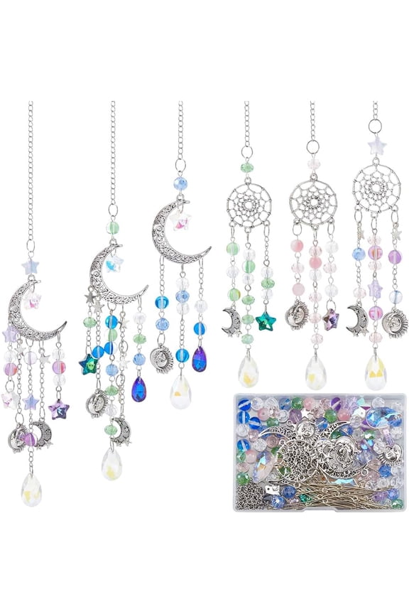 DIY 1 Box DIY 6 Sets Car Charms Making Kit Car Charm Ornament Moon Suncatchers Glass Hanging Charms Hanging Car Charm Star Teardrop Beads Car Hanging Ornament for Women Car Window Home Decor