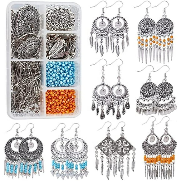 DIY 10 Pairs Chandelier Charms Earring Making Kit Boho Charms for Jewelry Making Feather Charms Cone Charms Flat Round Charms Head Pins Eye Pins Jump Rings Antique Silver Adult Women