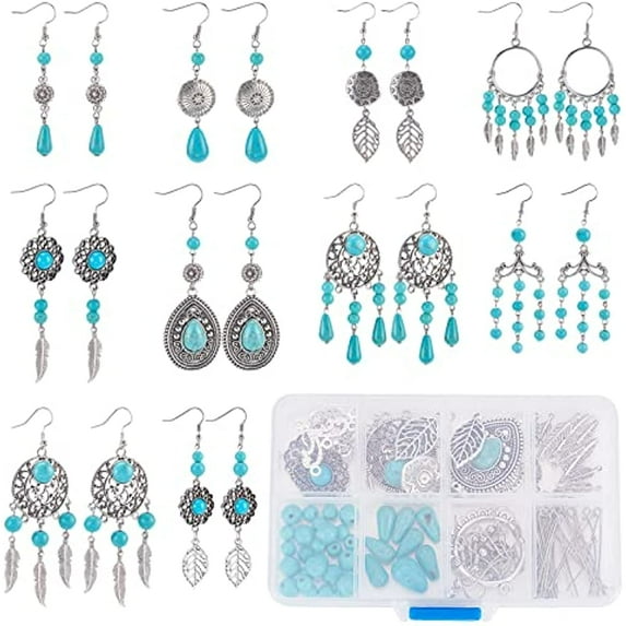 DIY 10 Pairs Vintage Style Chandelier Charms Hollow Leaf Charm Earring Making Kit Synthetic Turquoise Beads Feather Charms for Jewelry Making Flower Shape Teardrop Charm Adult Craft