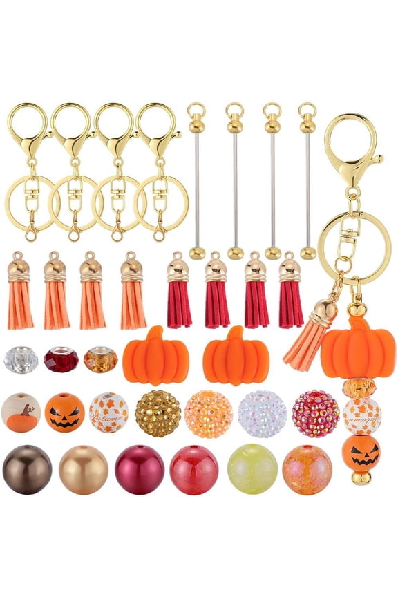 DIY 10 Sets Beadable Bar Keychain Kit Thanksgiving Day Beaded Keychain Bars Wooden Pumpkin Bead Autumn Fall Rhinestone Beads for Keychains Crafts Women Adults Gift Party Favor Supplies diy