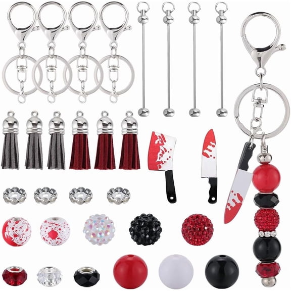 DIY 10 Sets Keychain Making Set Beaded Keychain Bar Bulk Blood Beads Knife Charm Black Red Polymer Clay Rhinestone Beads