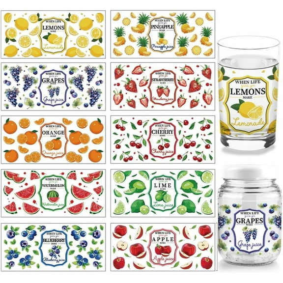 DIY 10 Sheets Fruit Theme UV DTF Cup Wrap Grape Orange Lemon Strawberry Pattern Rub on Decals PVC Transfer Stickers for DIY Fruit Jam Containers or 16OZ Glass Cups DIY