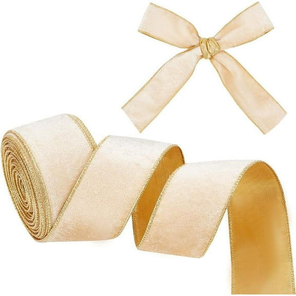 DIY 10 Yards Champagne Gold Velvet Wired Ribbon 2.5 inch Wide Single Sided Velvet Fabric Ribbon Trim Gold Edged Velvet Ribbon with Gold back for Gift Wrapping Bow Making Christmas Decoration DIY