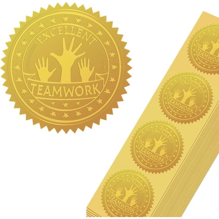 DIY 100Pcs Teamwork Gold Foil Certificate Seals Self Adhesive Embossed Seals Gold Stickers Medal Decoration Labels for Envelopes Certificates Awards Graduation DIY