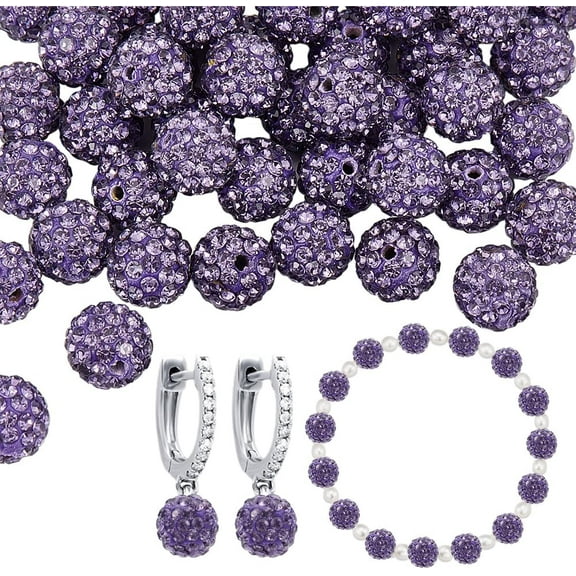 DIY 100pcs 10mm Purple Rhinestone Beads Purple Clay Beads Polymer Crystal Beads Clay Pave Disco Ball Round Diamond Clay Beads for Necklace Bracelet Jewelry Making Party Decoration DIY