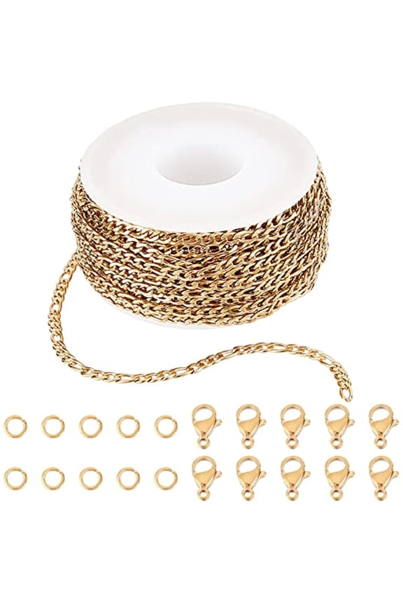 DIY 10M 32.8 Feet 3MM Gold Chain Roll Figaro Chains Stainless Steel Cable Chain Necklace Chains with Jump Rings Lobster Clasps for Women Adults Jewelry Making Kits Necklaces Bracelets Craft