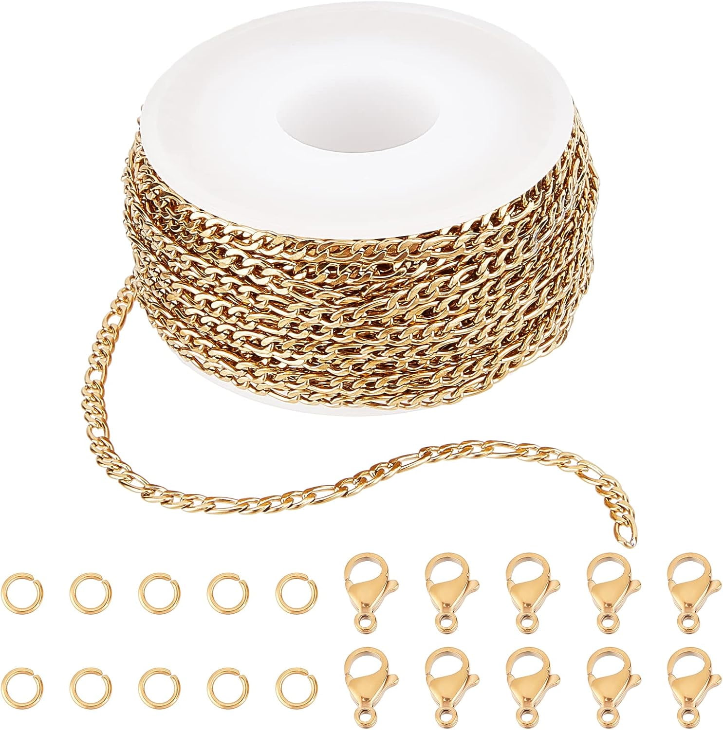 DIY 10M 32.8 Feet 3MM Gold Chain Roll Figaro Chains Stainless Steel Cable Chain Necklace Chains with Jump Rings Lobster Clasps for Women Adults Jewelry Making Kits Necklaces Bracelets Craft Gold