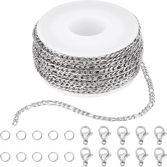 DIY 10M 32.8 Feet 3MM Silver Chain Roll Figaro Chains Necklace Stainless Steel Cable Long Craft Link Chain Bulk for Jewelry Making Kits Necklaces Bracelets Crafting Supplies diy Stainless Steel Color