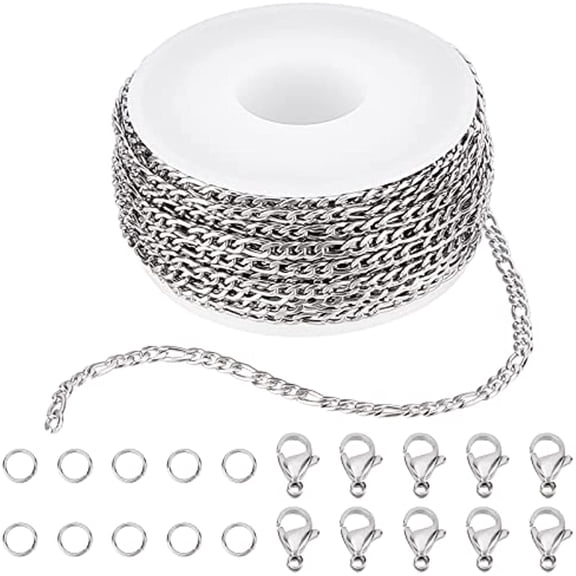 DIY 10M 32.8 Feet 3MM Silver Chain Roll Figaro Chains Silver Plated Necklace Stainless Steel Cable Long Craft Link Chain Bulk for Jewelry Making Kits Necklaces Bracelets Crafting Supplies