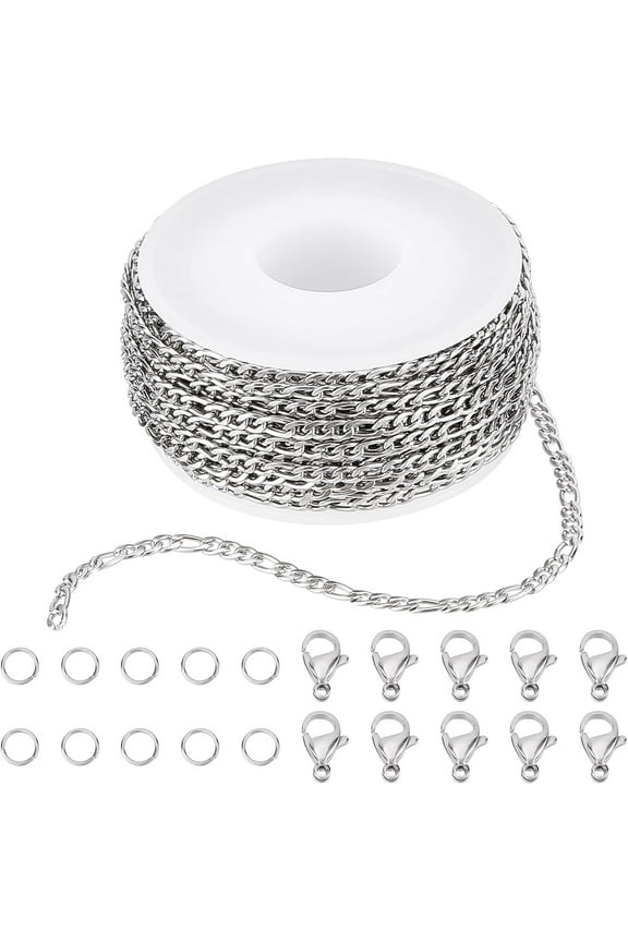 DIY 10M 32.8 Feet 3MM Silver Chain Roll Figaro Chains Silver Plated Necklace Stainless Steel Cable Long Craft Link Chain Bulk for Jewelry Making Kits Necklaces Bracelets Crafting Supplies DIY