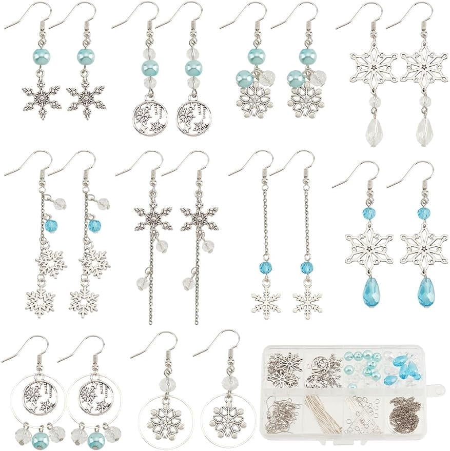 DIY 10Pairs Christmas Charms Earrings Making Kit Antique Silver Snowflake Charms Winter Blue Faceted Glass Beads Linking Rings Dangle Earring Hooks