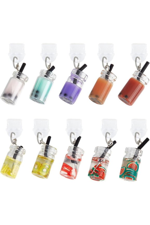 DIY 10Pcs Milk Tea Cup Type-C Dust Plug Charm 1.4 Inch Phone Anti-Dust Plugs with Glass Bottle Resin Drink Pendants Mobile Dustproof Plugs Port Caps Protector for Most Type-C Cell Phone Earphone