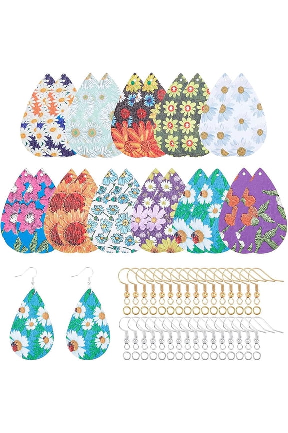 DIY 11Pairs Flower Pattern PU Leather Earring Making Kits Including 11 Styles Big Pendants Brass Earring Hooks Jump Rings Mixed Color
