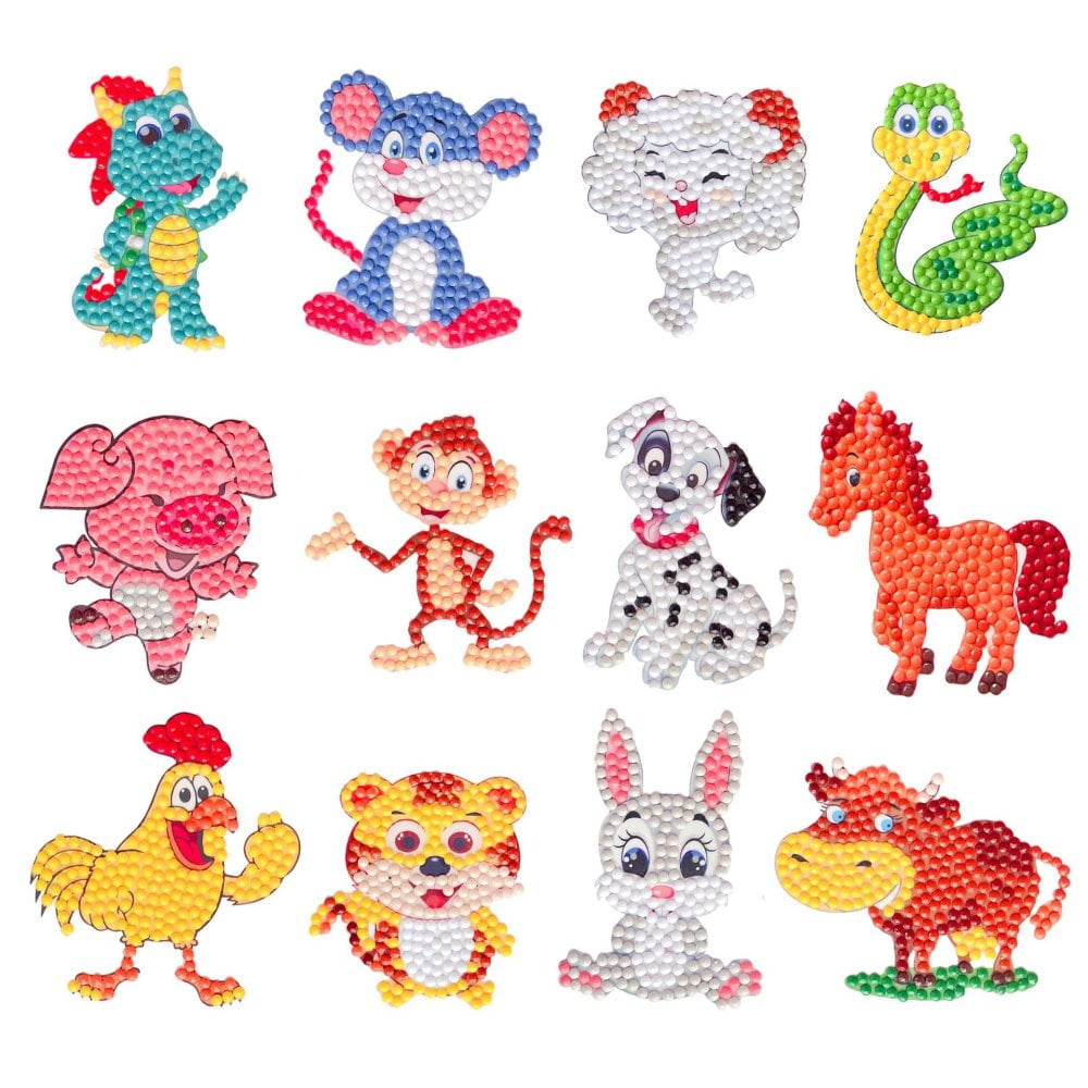 DIY 12 Chinese Zodiac Signs Diamond Painting Sticker Kits including Self Adhesive Sticker Diamond Sticky Pen Tray Plate and Glue Clay Animal Pattern