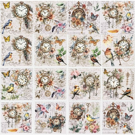 DIY 12 Sheets Vintage Clock Rub on Transfers Flowers and Birds Rub on Transfer Stickers Poetry Rub on Decal Stickers for Wood Paper Furniture DIY Crafts 5.5x5.5 Inches DIY