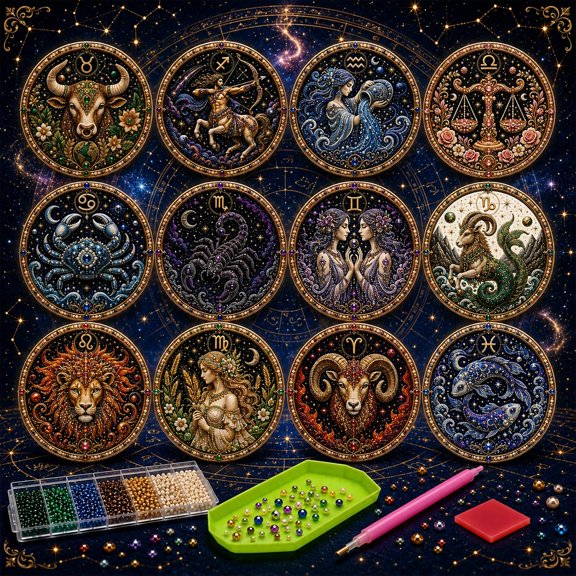 DIY 12 Zodiac Signs Pearl Art Kit, Diamond Art Kits for Adults, Framed Pearl Diamond Painting, 7.87 x 7.87 in