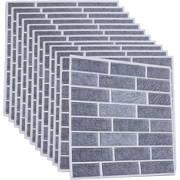 DIY 12PCS 3D Wall Panels Peel and Stick 30x30cm Square 3D Brick Wallpaper Gray PVC Self-Adhesive Wall Stickers Faux Stone Wall Panels for Bedroom Stairs Kitchen Wall Decorations DIY