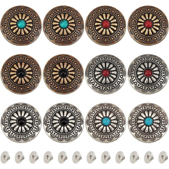 DIY 12Pcs 30mm Screw Back Buttons Concho Screw Back 6 Colors Replacement Vintage Western Style Turquoise Round Flower Buds Buttons Mixed Color DIY